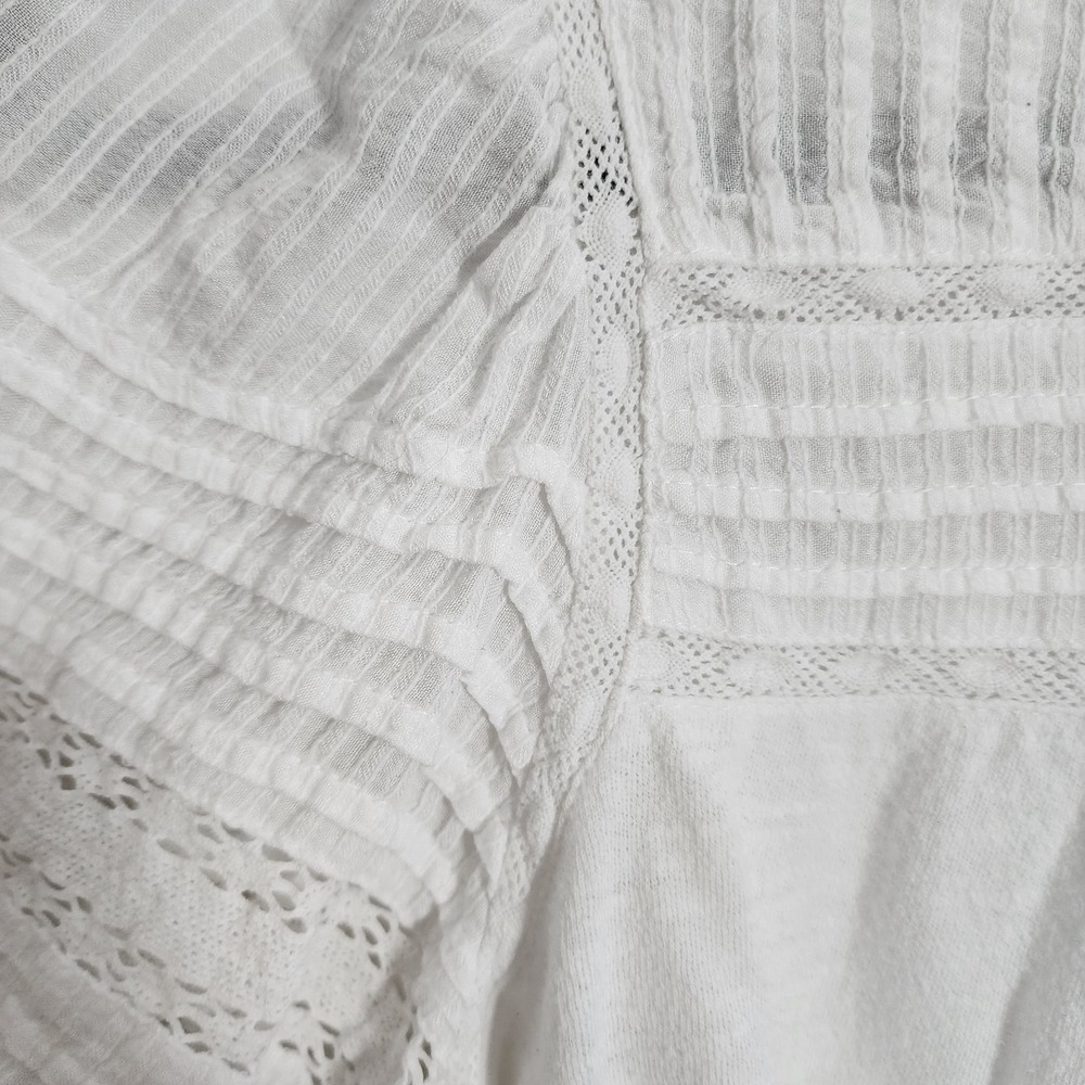 LOFT white cotton short-sleeve top crochet lace panels and puff sleeve M Petite - Picture 3 of 10